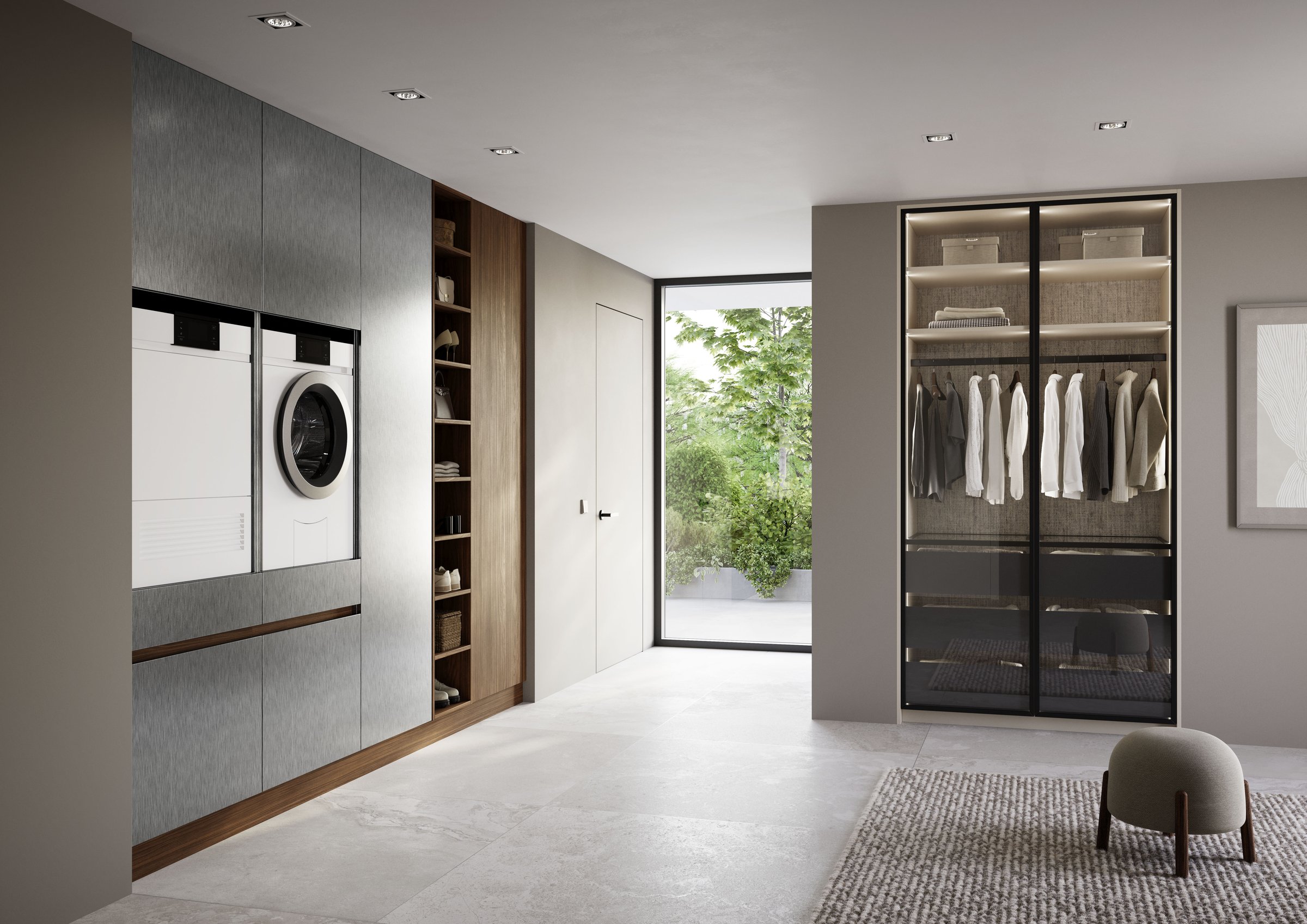 Rotpunkt Hauswirtschaftsraum mit Waschmaschine und Garderobe