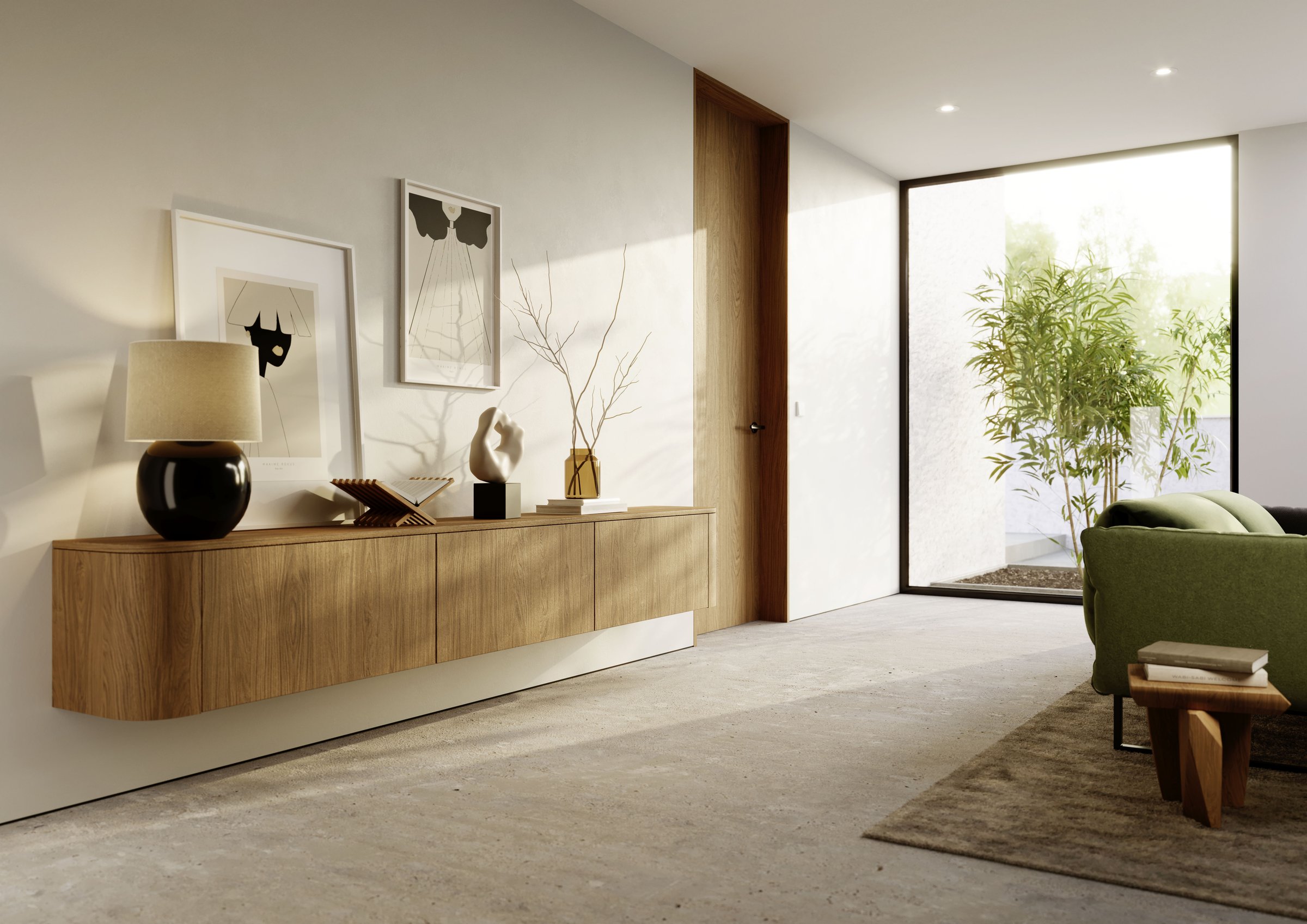 Rotpunkt Sideboard hell, Wohnraum mit Gartenblick